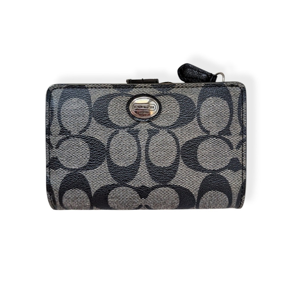 Coach Bifold Wallet Black Grey Medium Signature C Monogram Canvas Snap Zip